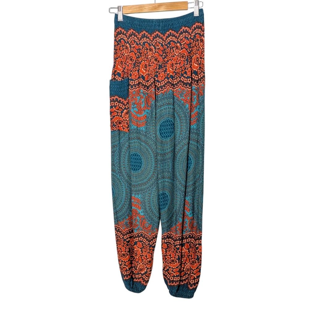 Gypsy Rose Women's Green Orange Medallion Harem Jogger Pants Beach Flowy - Picture 2 of 7